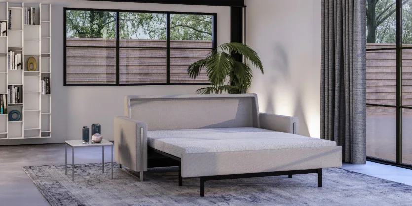 Pull-out sleeper sofa support legs visible in an opened room scene