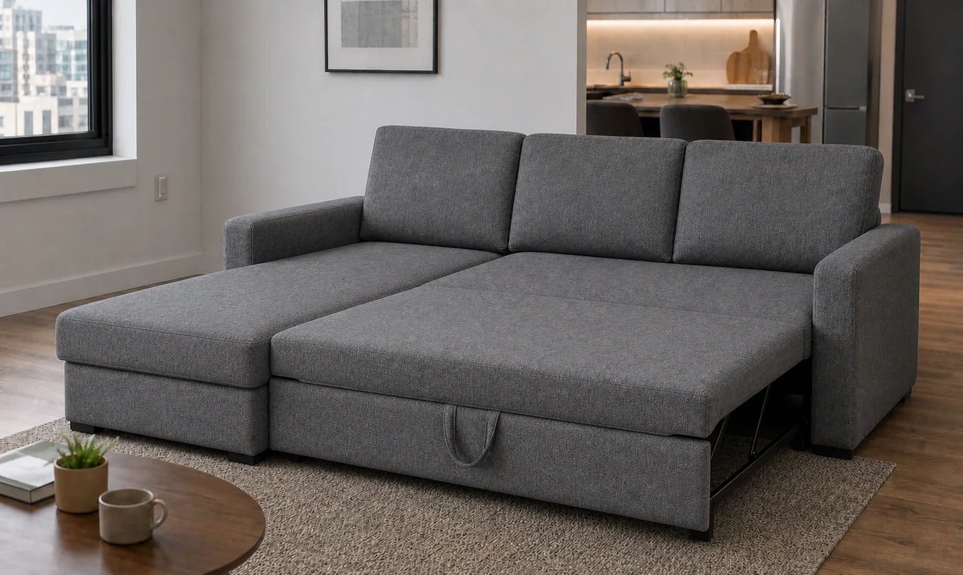Storage sectional sofa bed in sleeping position Sectional sofa bed converted for sleeping