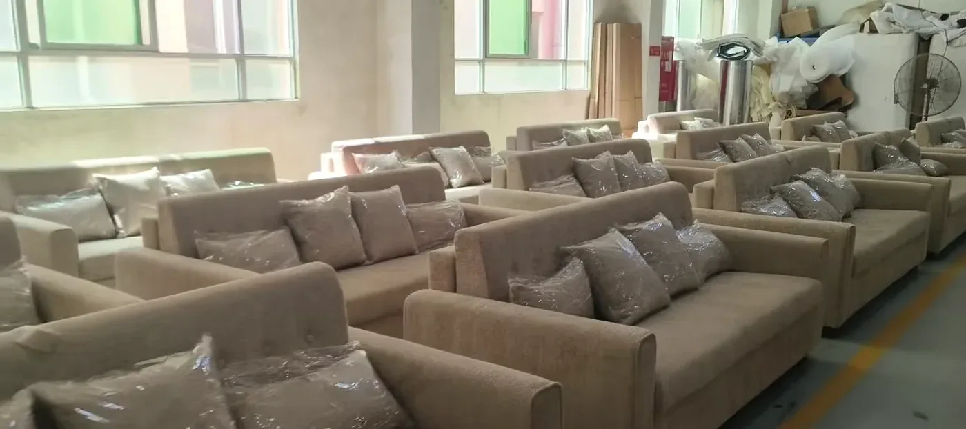 Sofa bed order staging before packing Sofa bed packaging review during warehouse staging before shipment