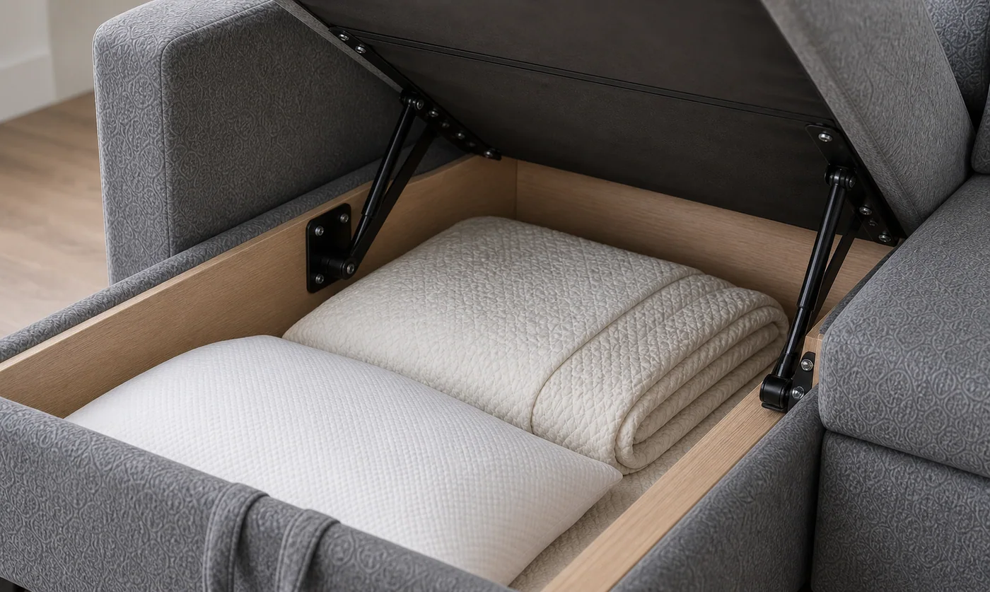 Storage lid lift-support hardware Sofa bed storage hinge and support detail