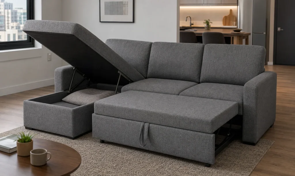 Sofa bed with storage in apartment