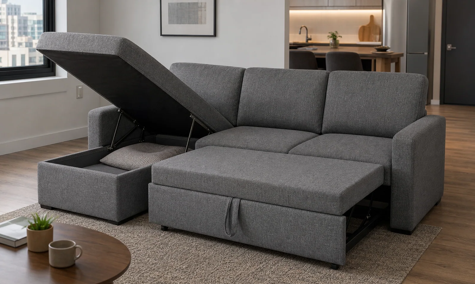 Storage sofa bed in compact apartment Sofa bed with storage in apartment