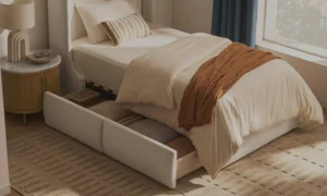 Storage bed frame buying guide apartment bedroom scene