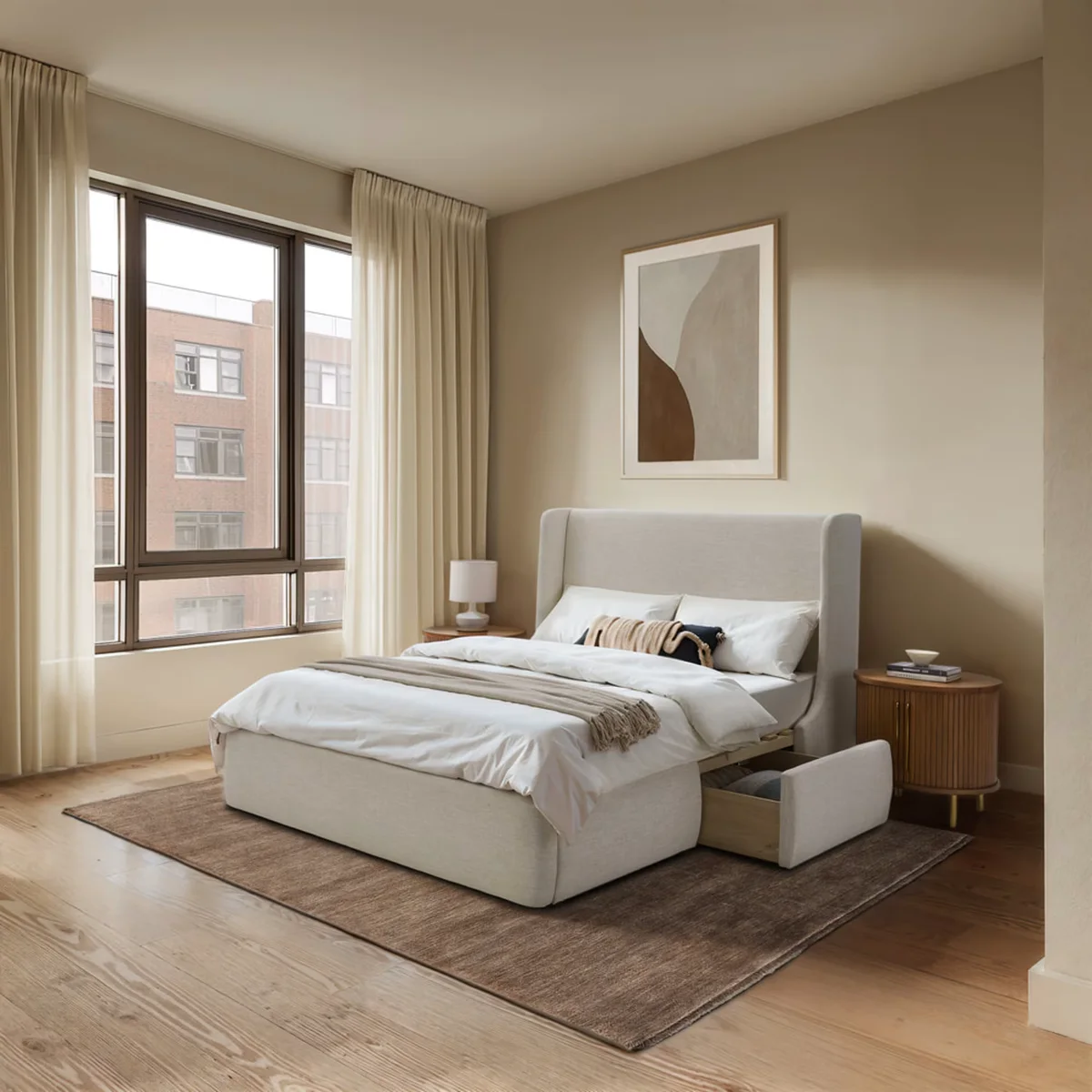 Storage bed frame slat support and upholstered frame detail Storage bed frame slat support and upholstered frame detail