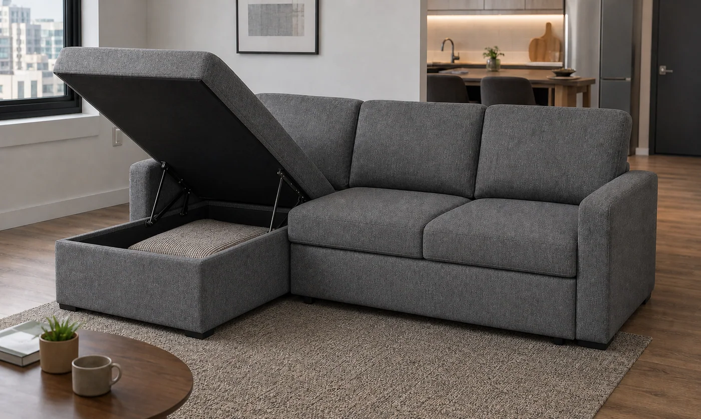 Storage chaise opened for bedding Storage chaise sleeper sofa opened