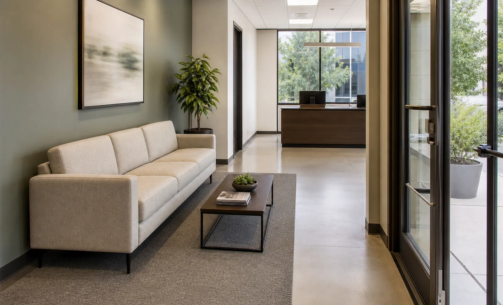 Three-seat reception sofa Three seater office reception sofa beside clear walkway