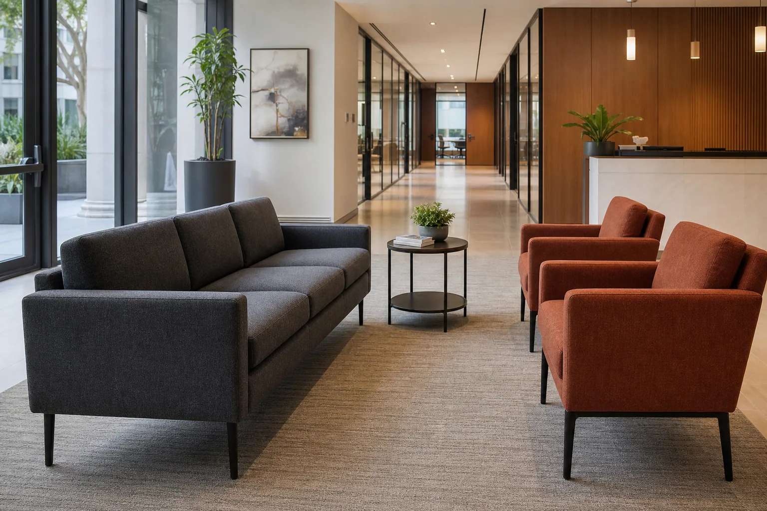 Three seater waiting sofa with visitor chairs