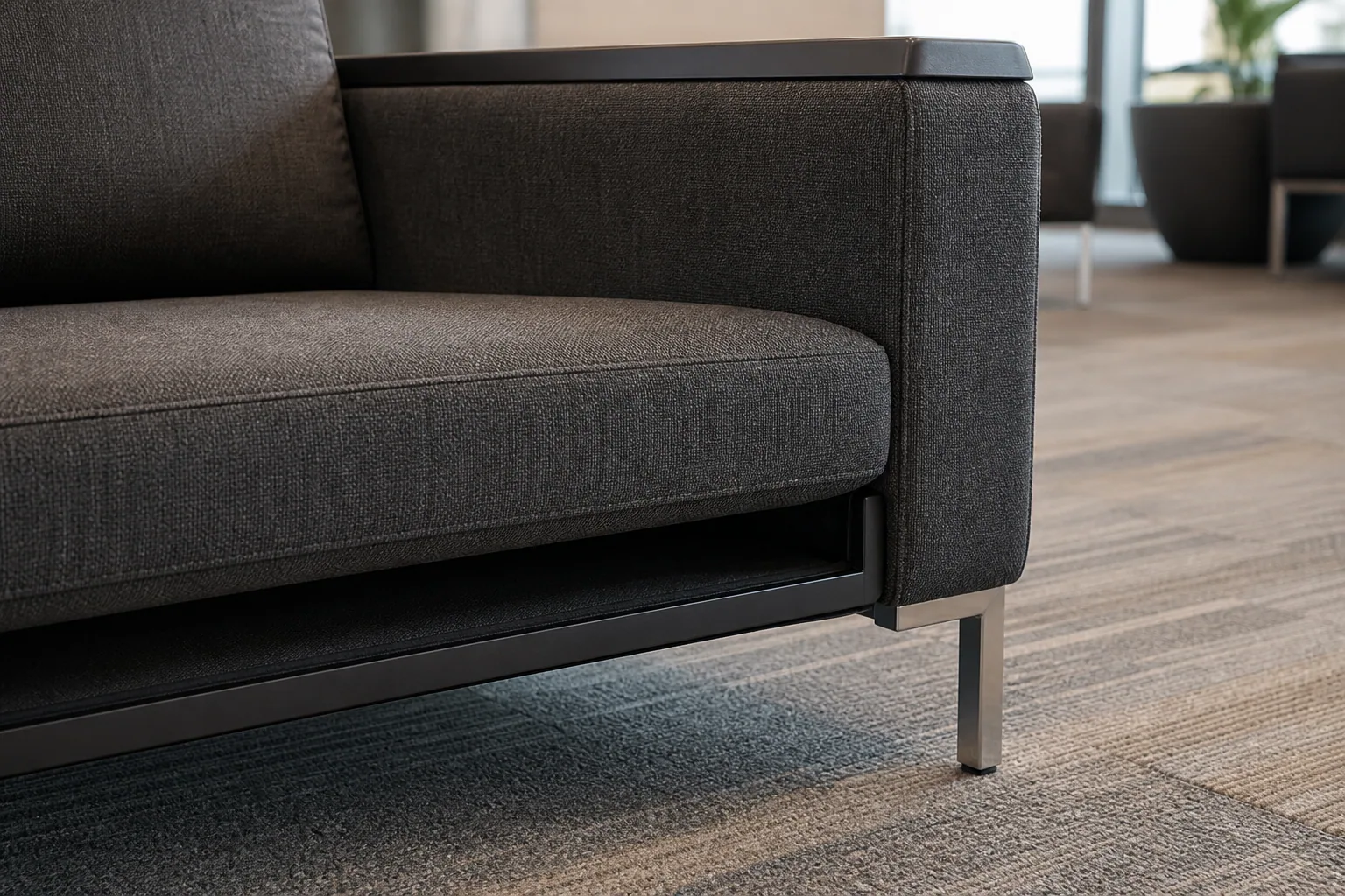 Waiting sofa armrest cap and cleaning access detail