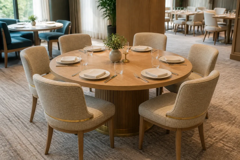How many chairs fit around a 60 inch round table: six upholstered chairs shown