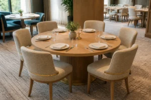 How many chairs fit around a 60 inch round table: six upholstered chairs shown