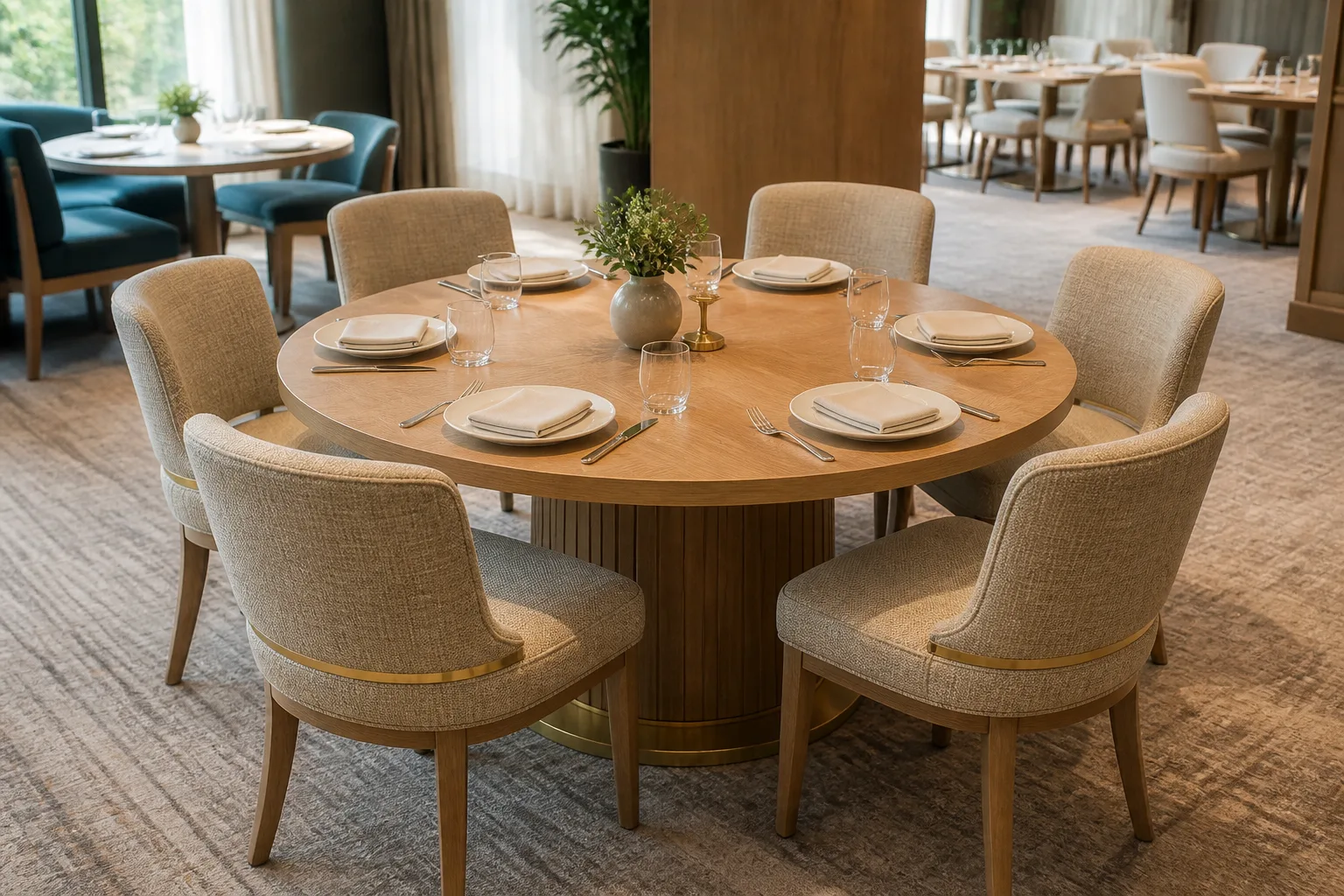 How many chairs fit around a 60 inch round table: six upholstered chairs shown