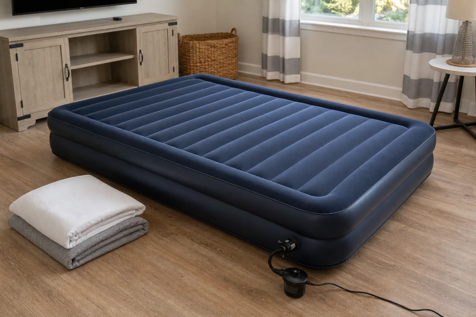 Air mattress prepared as a temporary guest bed on a cleared floor