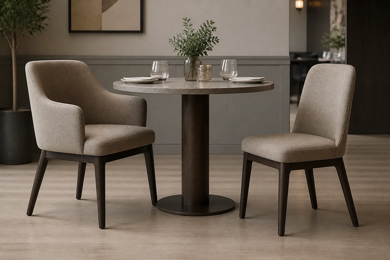Upholstered armchair versus armless dining chair spacing at a round table