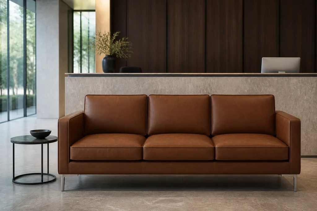 Commercial leatherette sofa in a contemporary office reception