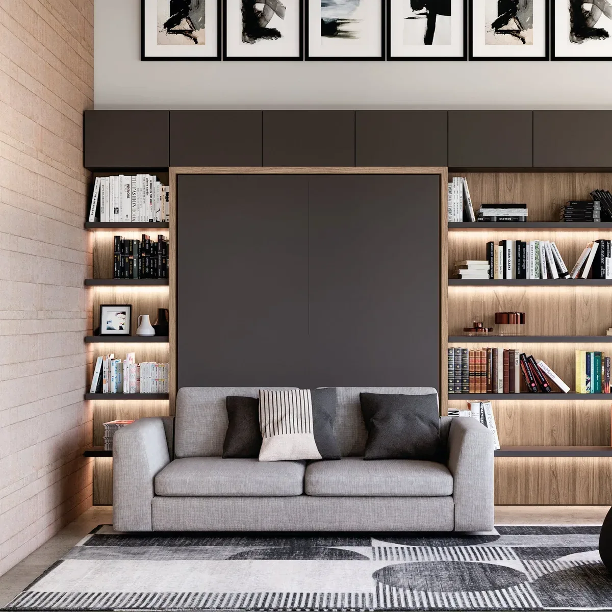 Commercial sofa bed closed as seating in a multifunctional living room