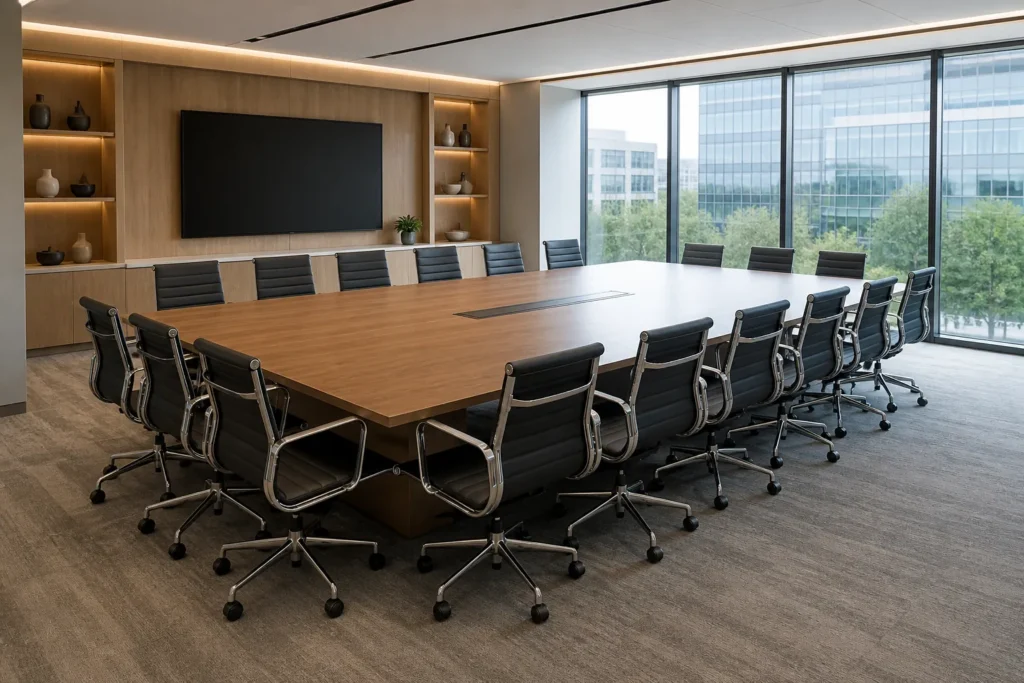 Conference room chair dimensions planned around a full commercial table layout