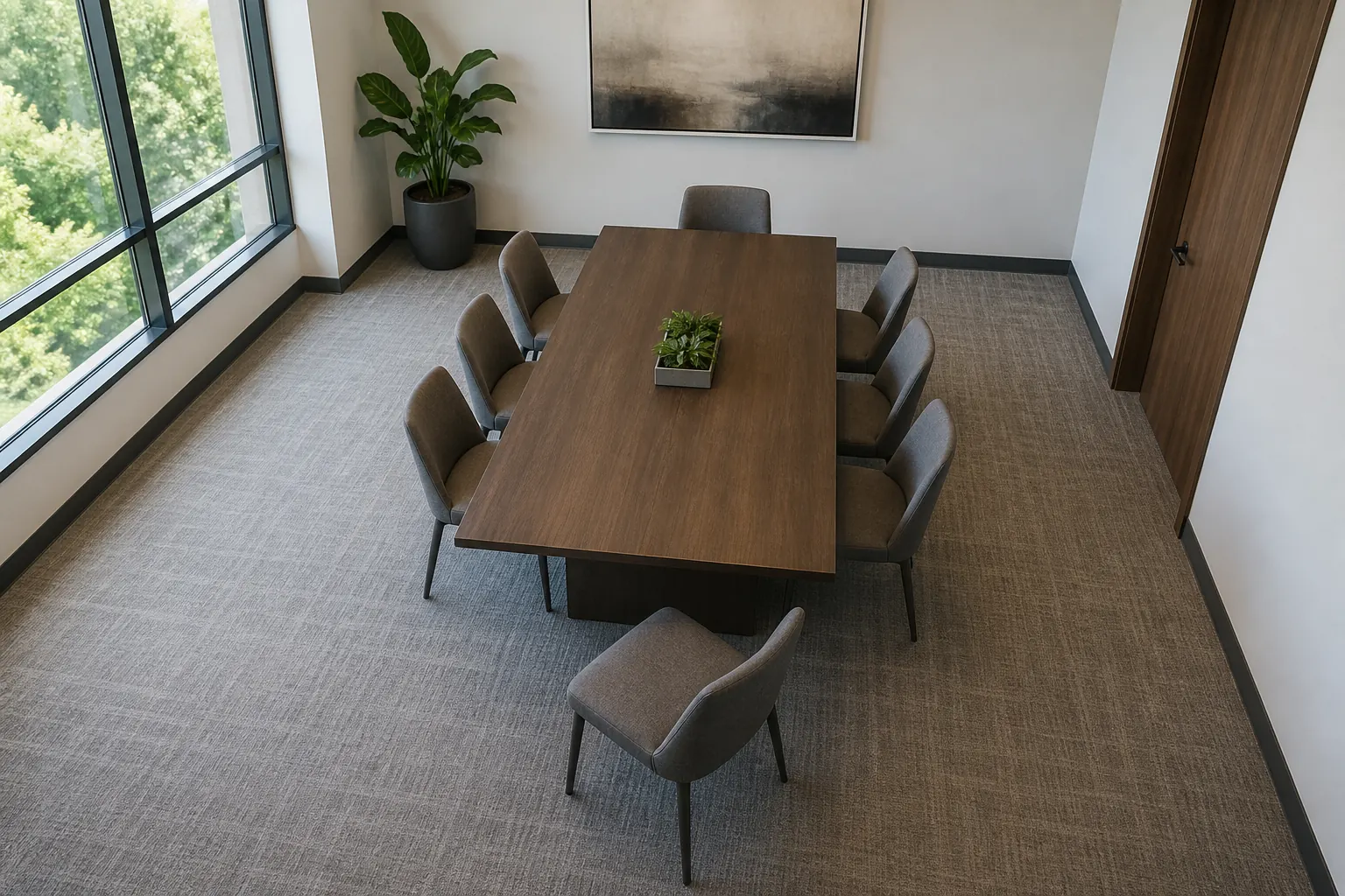Conference table and chair spacing with a chair pulled back into the circulation area