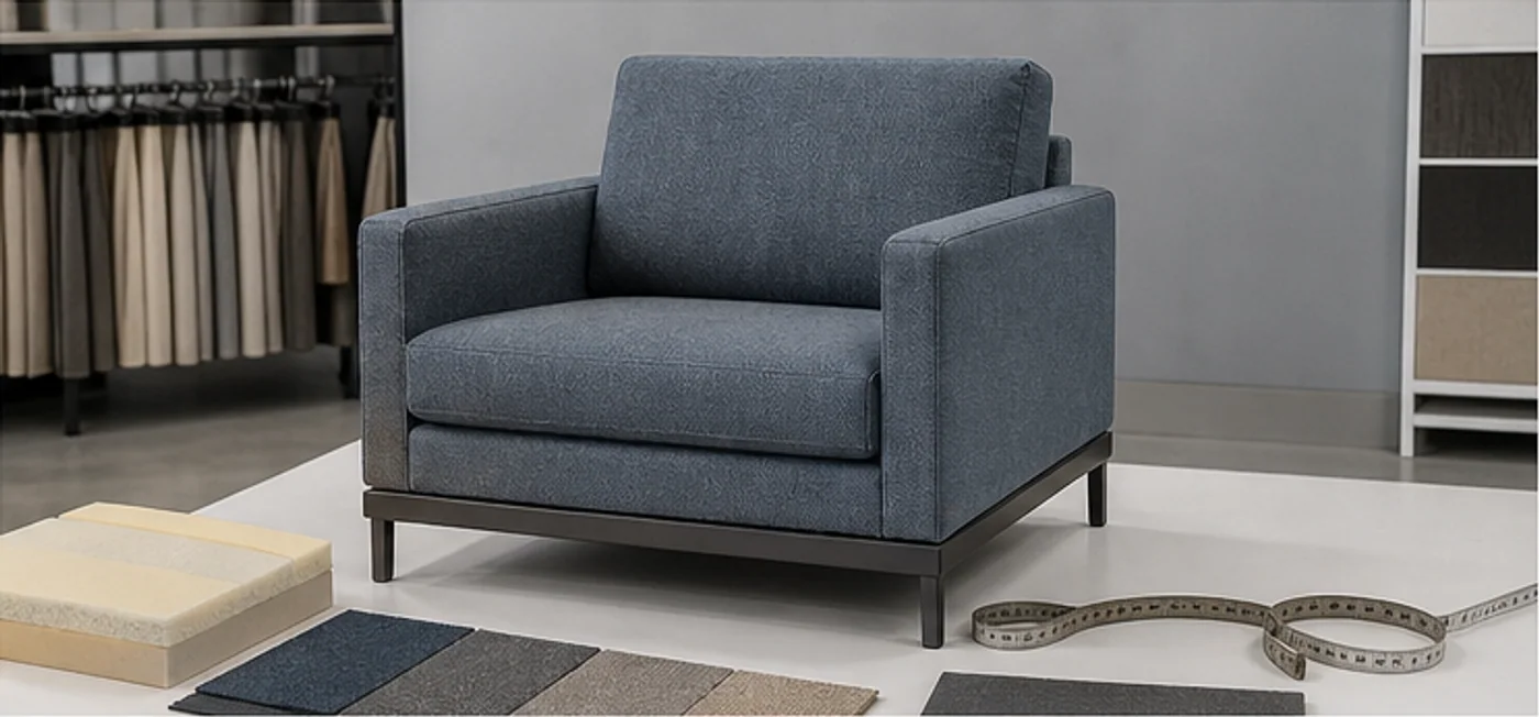 Commercial lounge chair specification Commercial lounge chair with swatches and measuring tape for specification