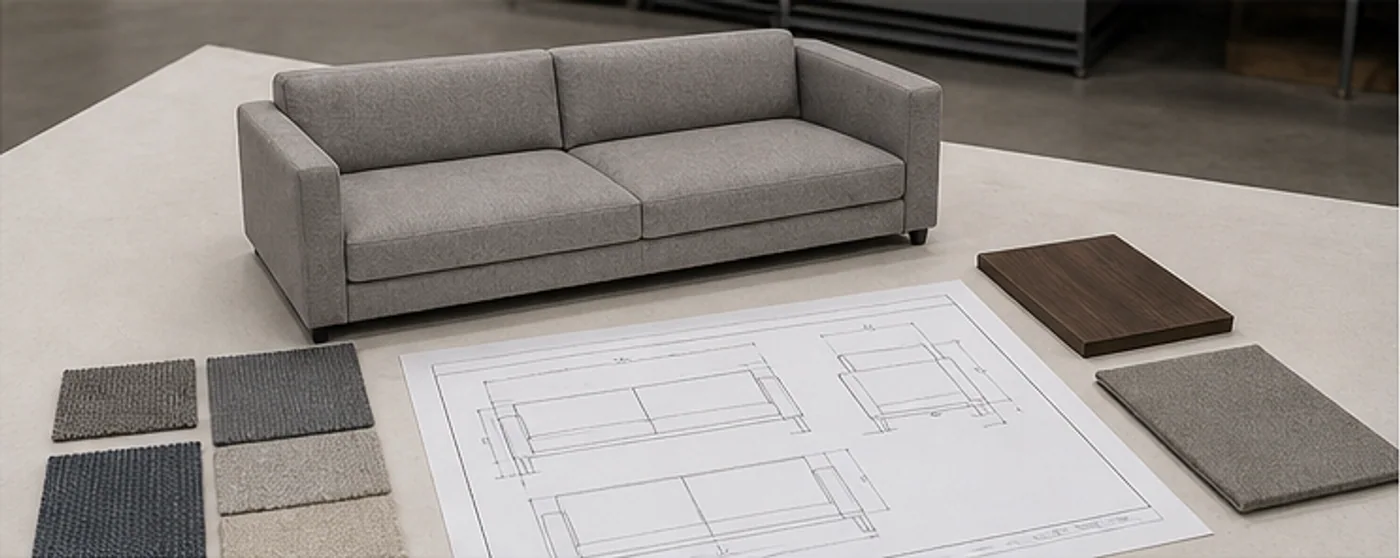 Contract seating sample approval Contract sofa sample with drawings swatches and finish reference