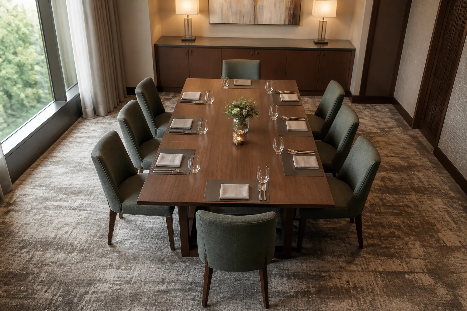 Eight foot rectangular table with eight upholstered dining chairs