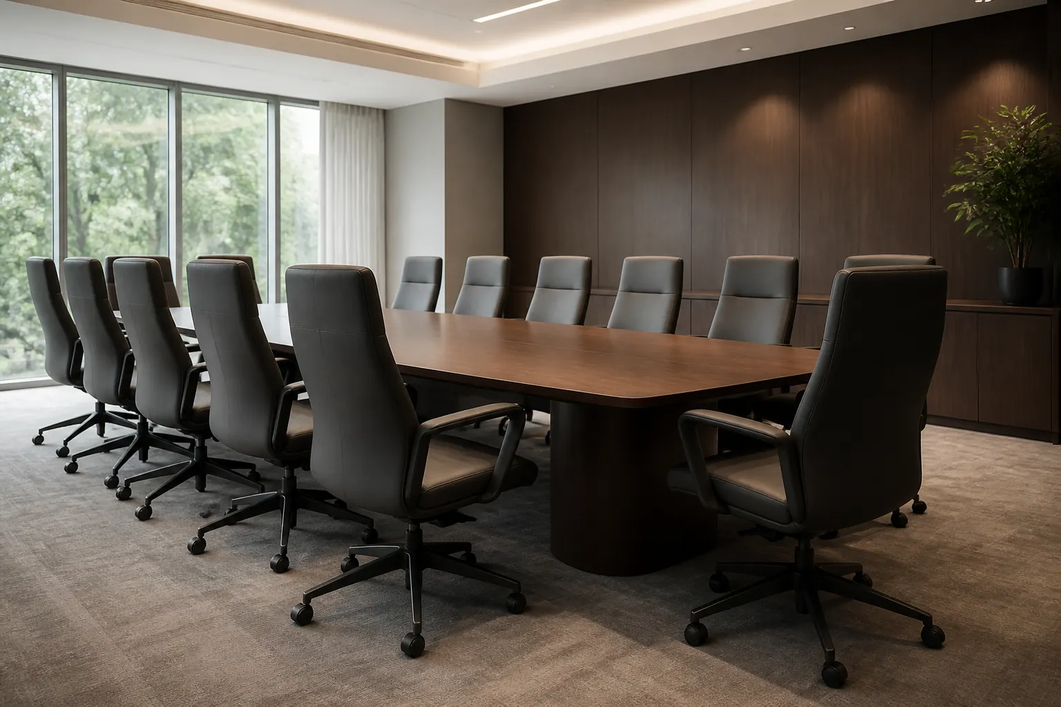 Executive upholstered boardroom chairs spaced around a large conference table