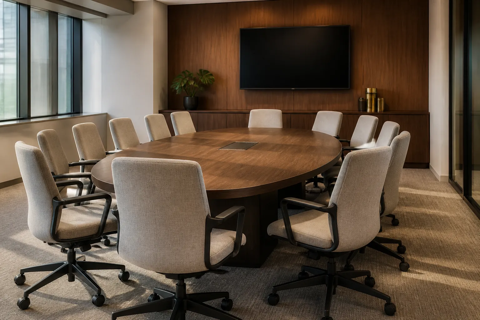 Executive conference room chairs around an oval boardroom table