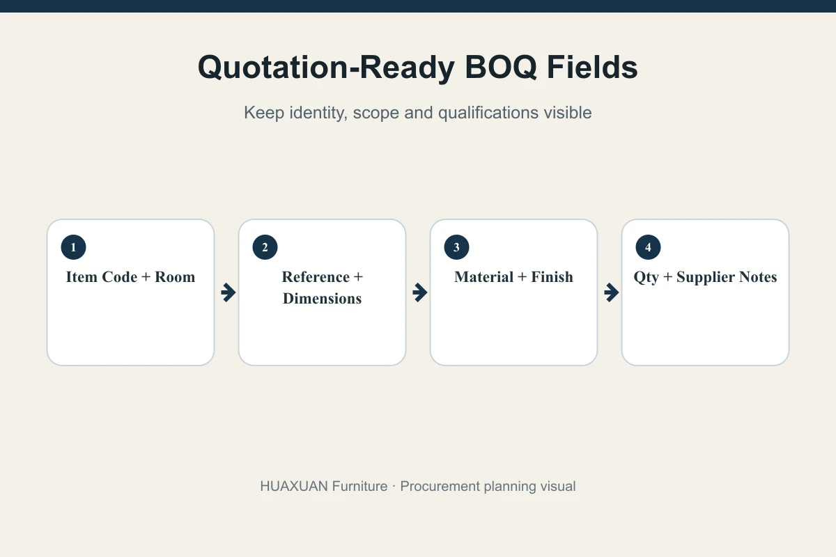 Hotel BOQ column workflow Recommended hotel furniture BOQ columns from item code to supplier notes