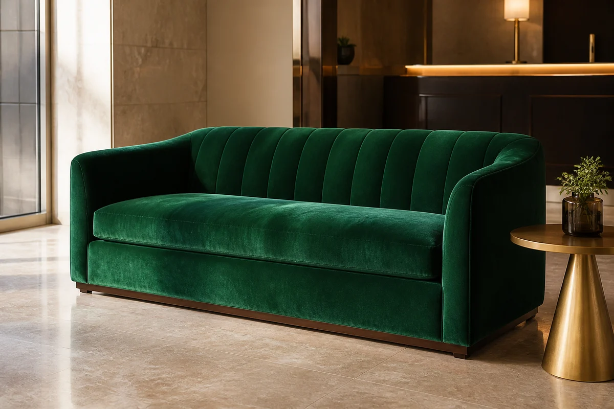 Hotel lobby commercial velvet sofa Commercial velvet sofa in a boutique hotel lobby