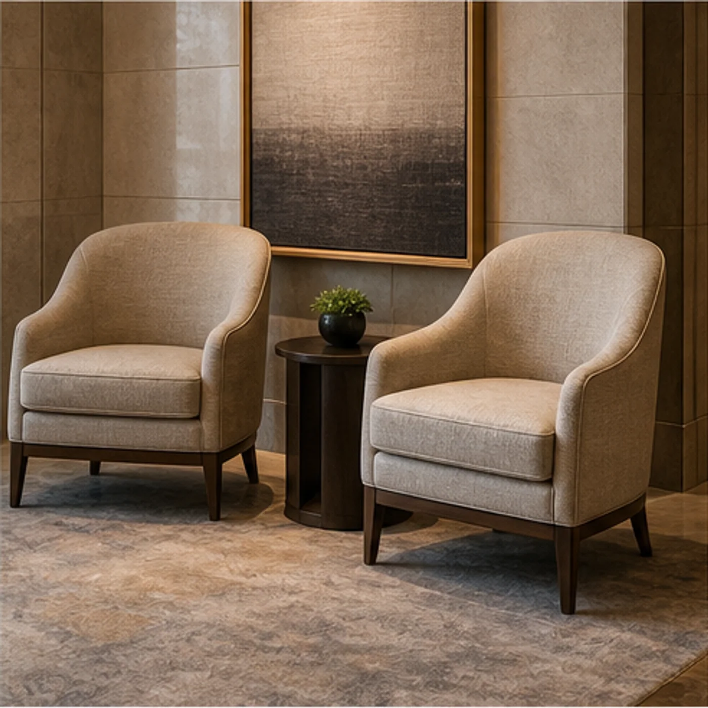 Pair of commercial hotel lobby lounge chairs for short conversations