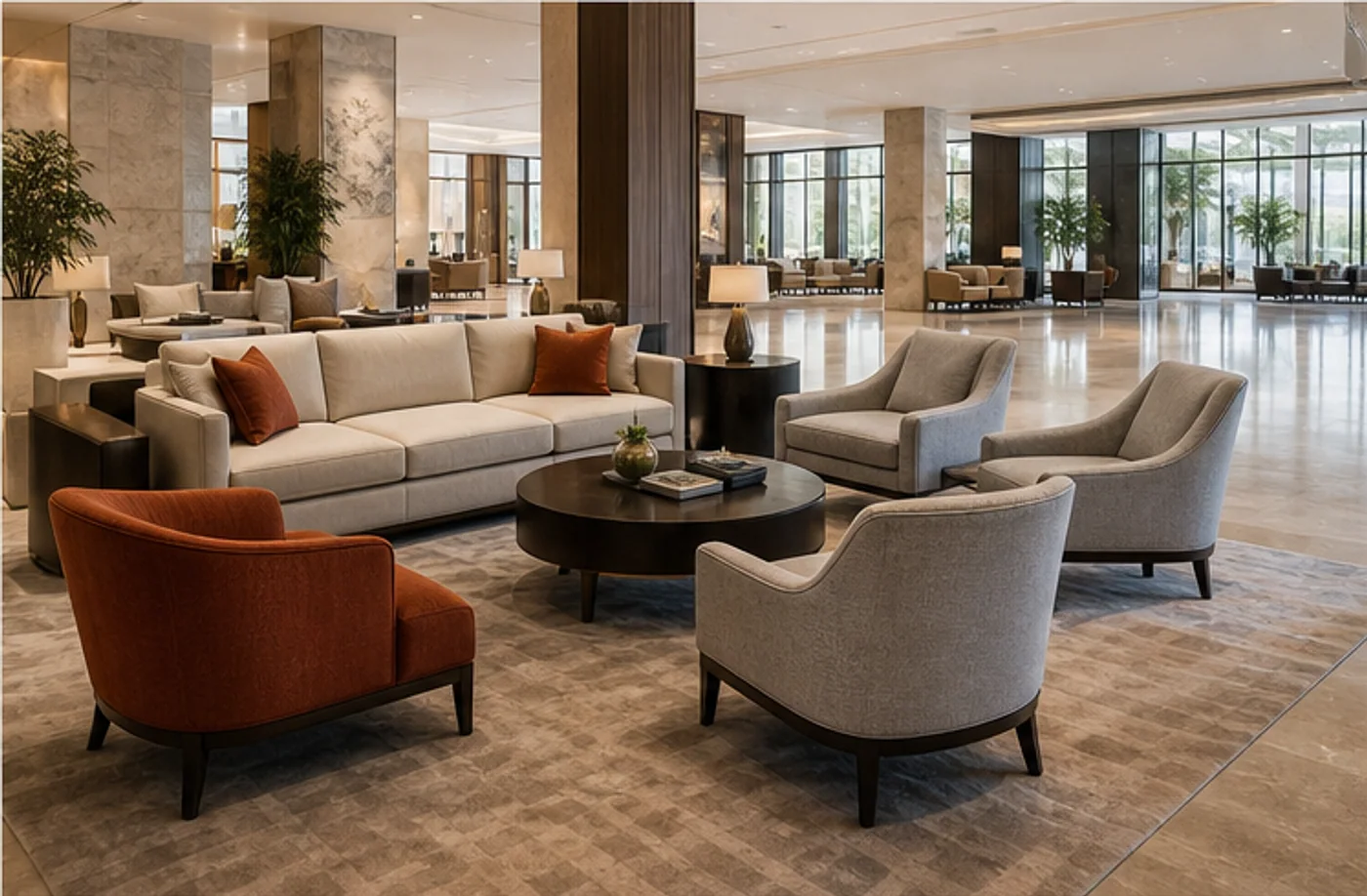 Mixed hotel lobby sofa and lounge chair conversation setting