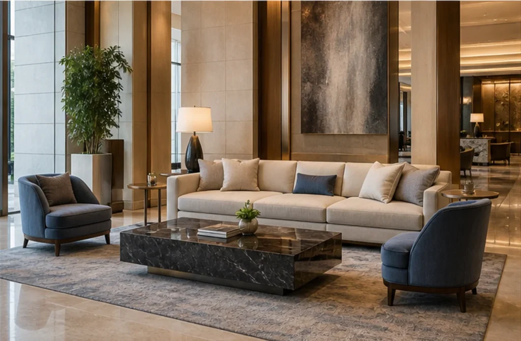 Hotel lobby seating with sofas and lounge chairs arranged by zone