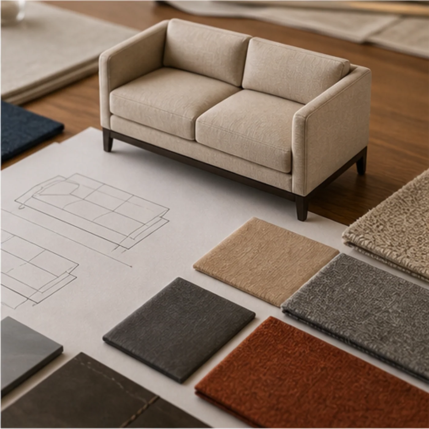 Hotel lobby sofa sample with drawings and upholstery swatches