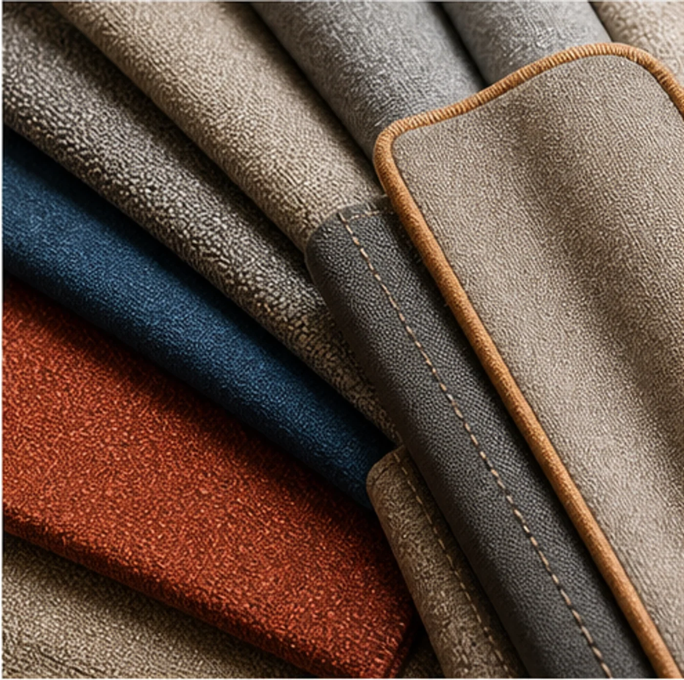 Hospitality upholstery swatches with piping and stitching details