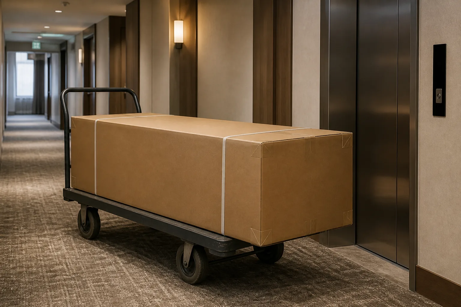 Hotel sofa bed delivery access Packed sofa bed at hotel elevator for delivery access planning
