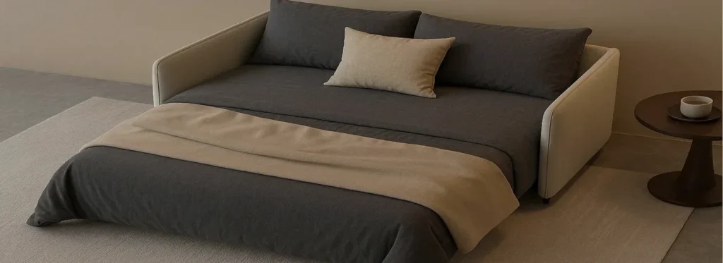 Hotel sofa bed opened into a sleeping surface in a guestroom