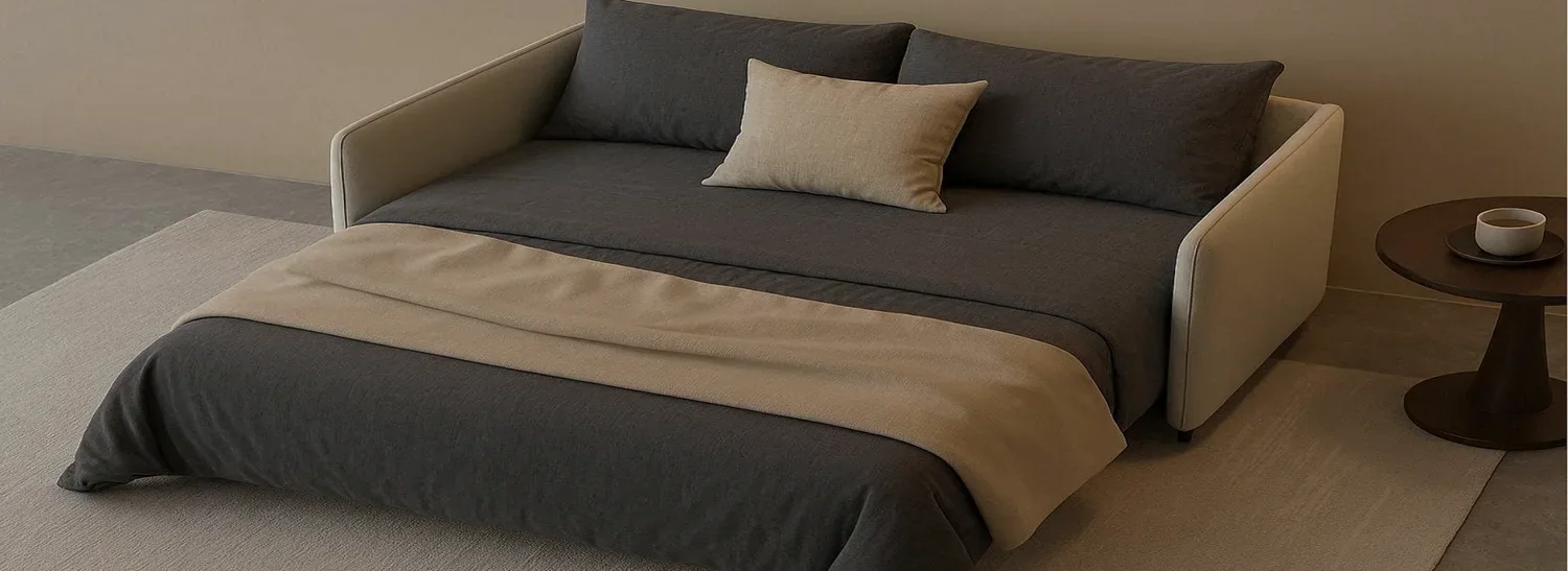 Hotel sofa bed opened into a sleeping surface in a guestroom