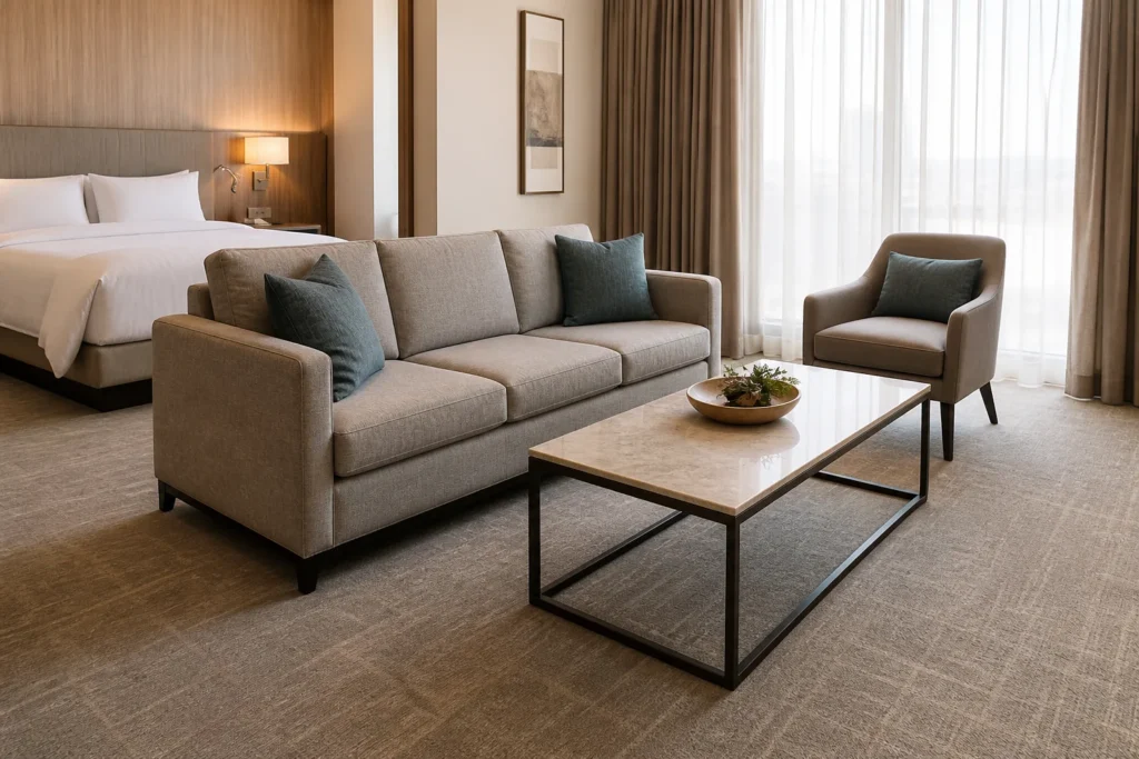 Hotel room sofa and coffee table with practical lounge spacing