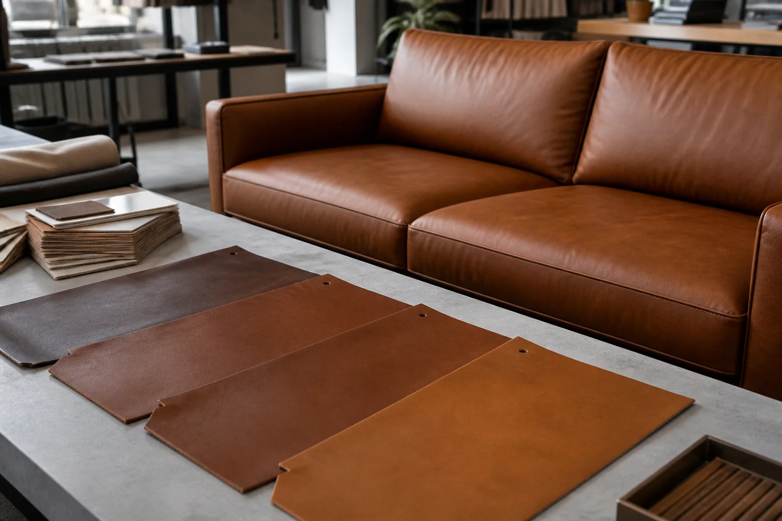 Leather upholstery material swatches reviewed before production