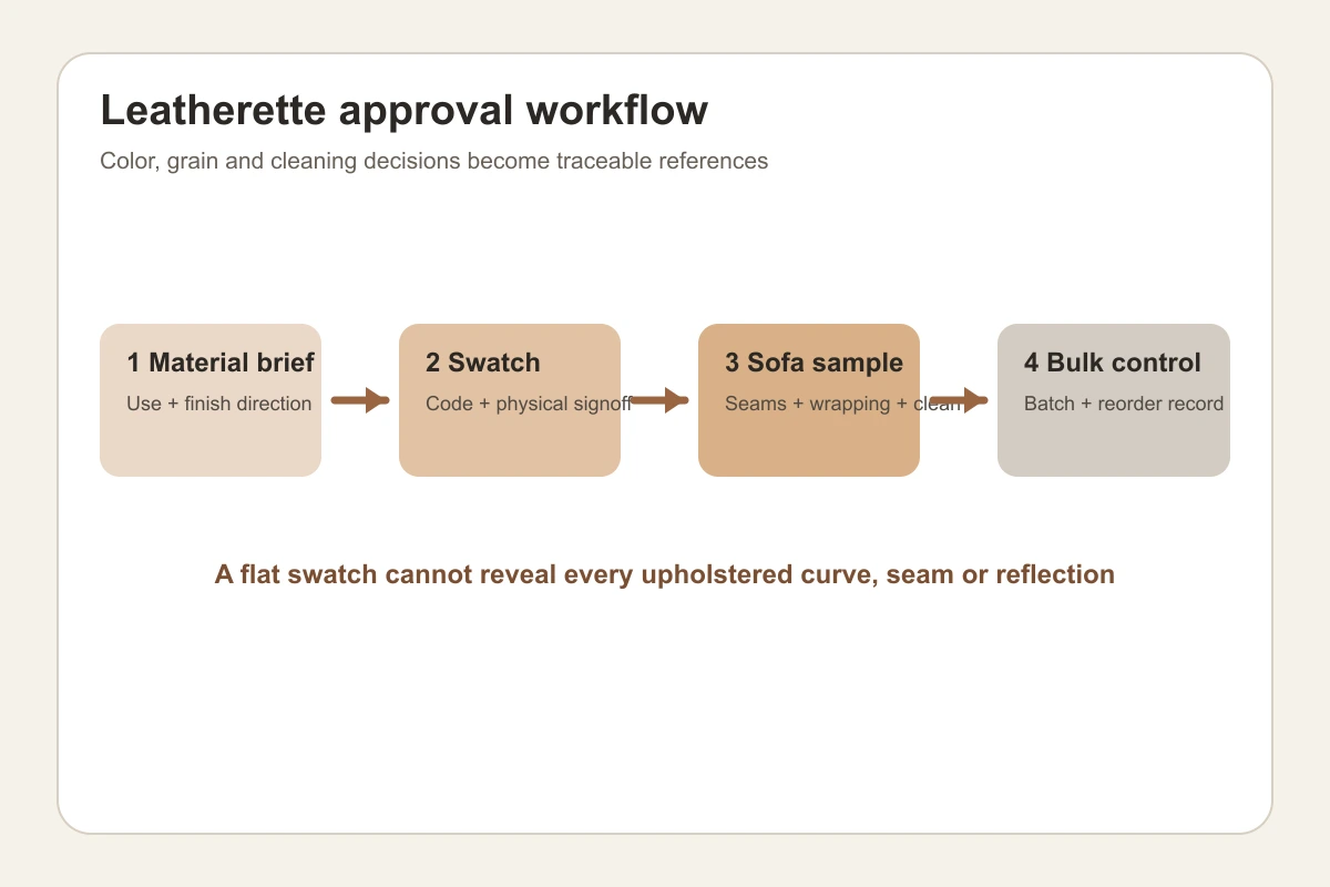 Leatherette sofa swatch sample and bulk approval workflow