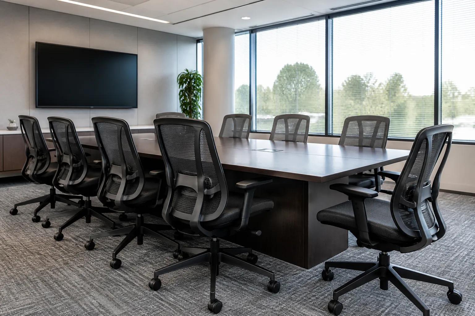 Mesh conference chairs around a modern commercial meeting table