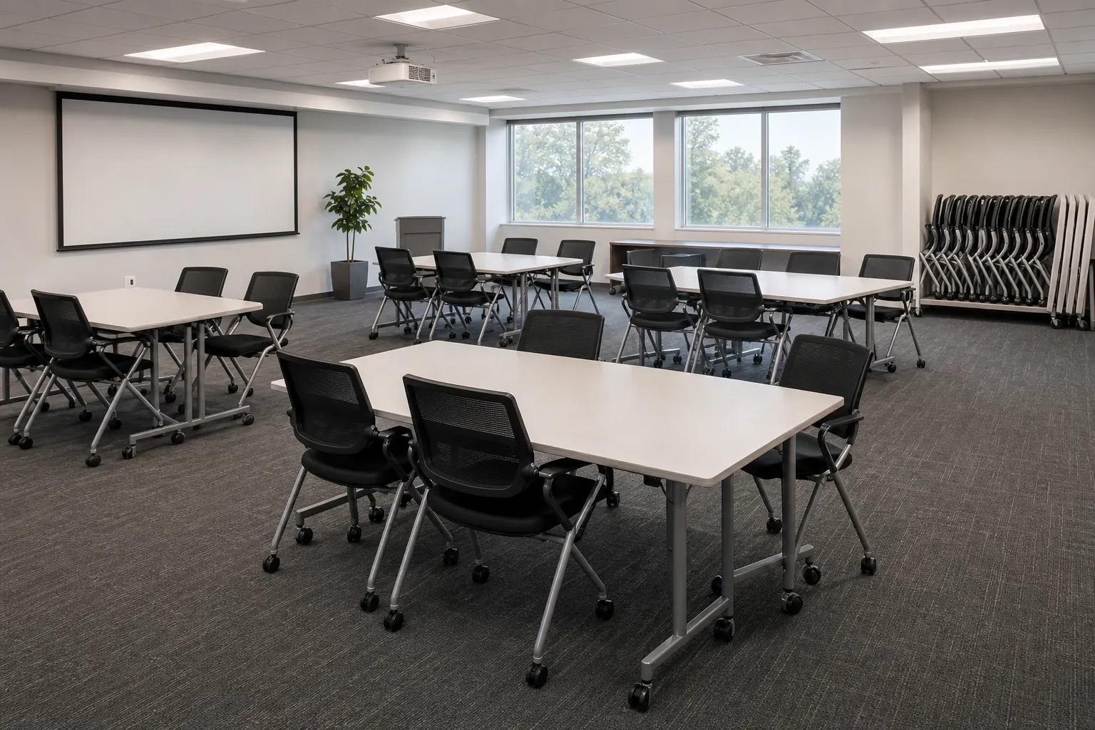Lightweight mesh meeting chairs in a multipurpose corporate training room