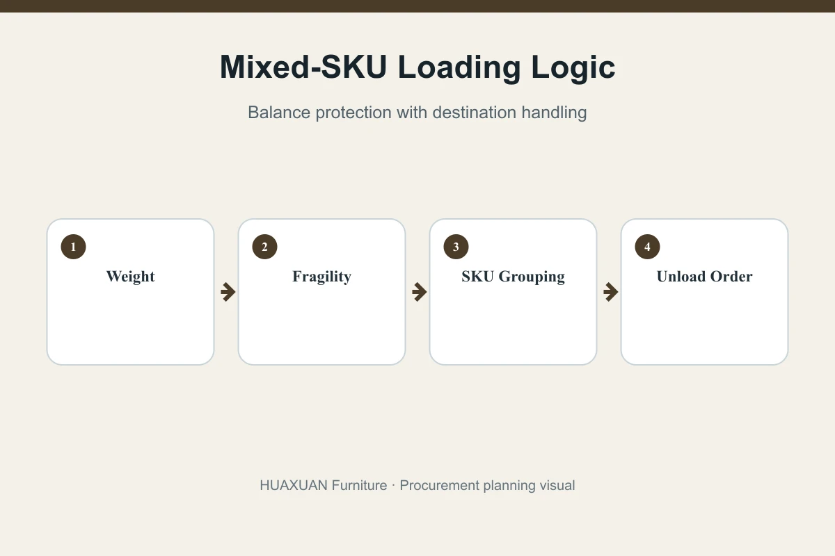 Furniture container loading sequence by weight fragility SKU and unloading order