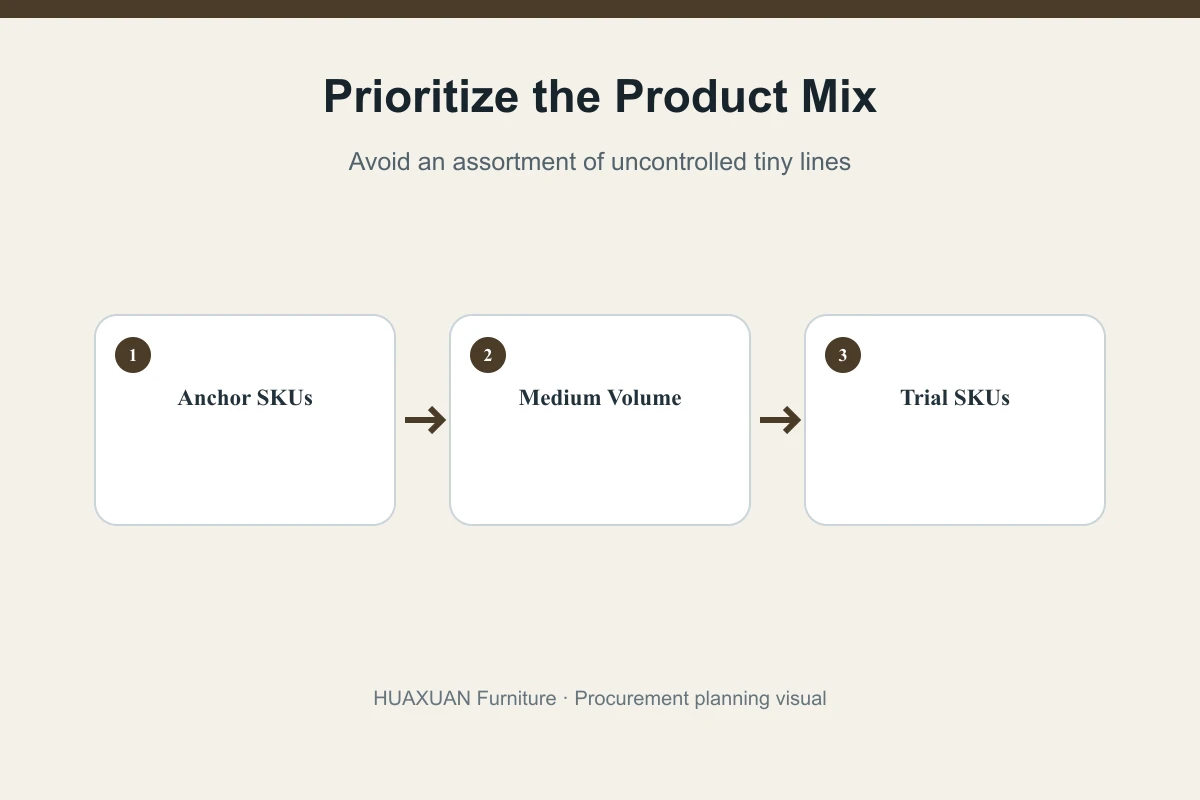 Mixed container product mix with anchor medium volume and trial SKUs