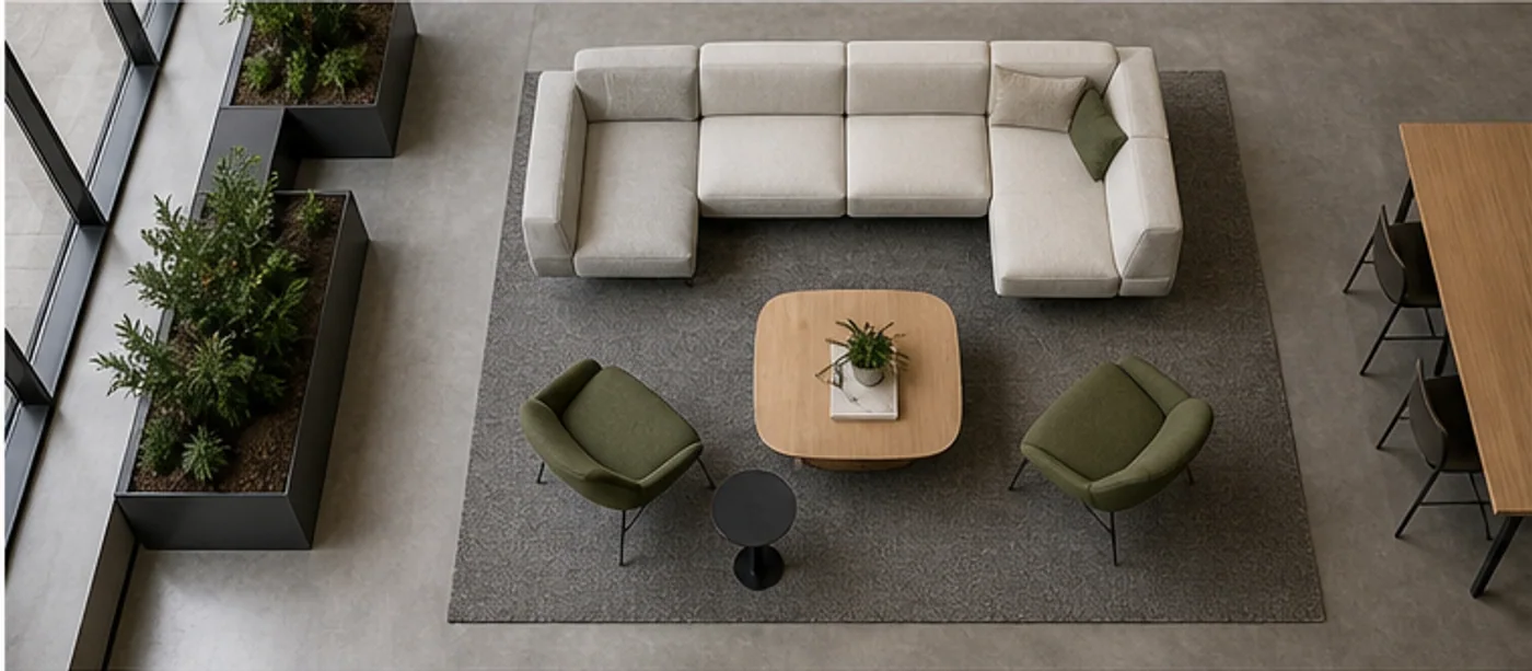 Office breakout layout plan Top view office breakout layout with modular sofa and lounge chairs