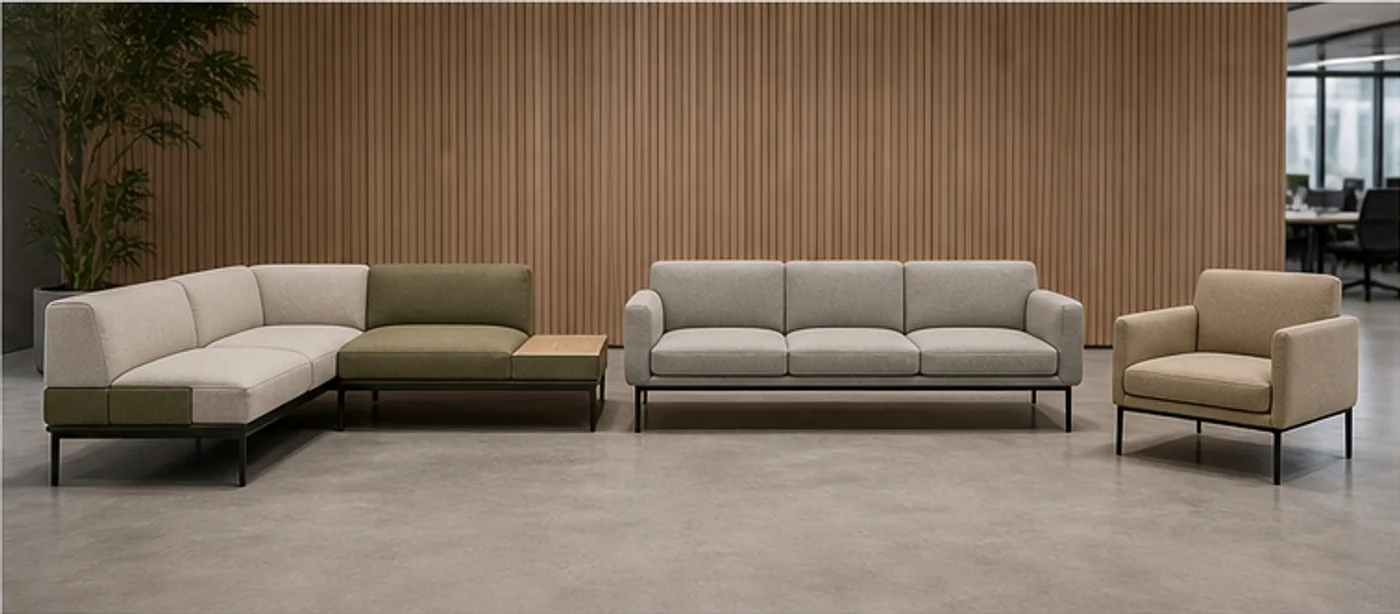 Breakout seating types Modular sofa straight sofa and lounge chair comparison in a commercial office