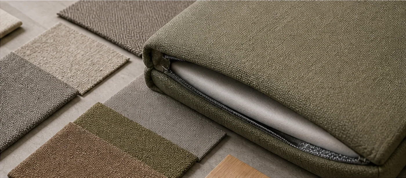 Office upholstery selection Commercial upholstery swatches stitching and removable cushion detail