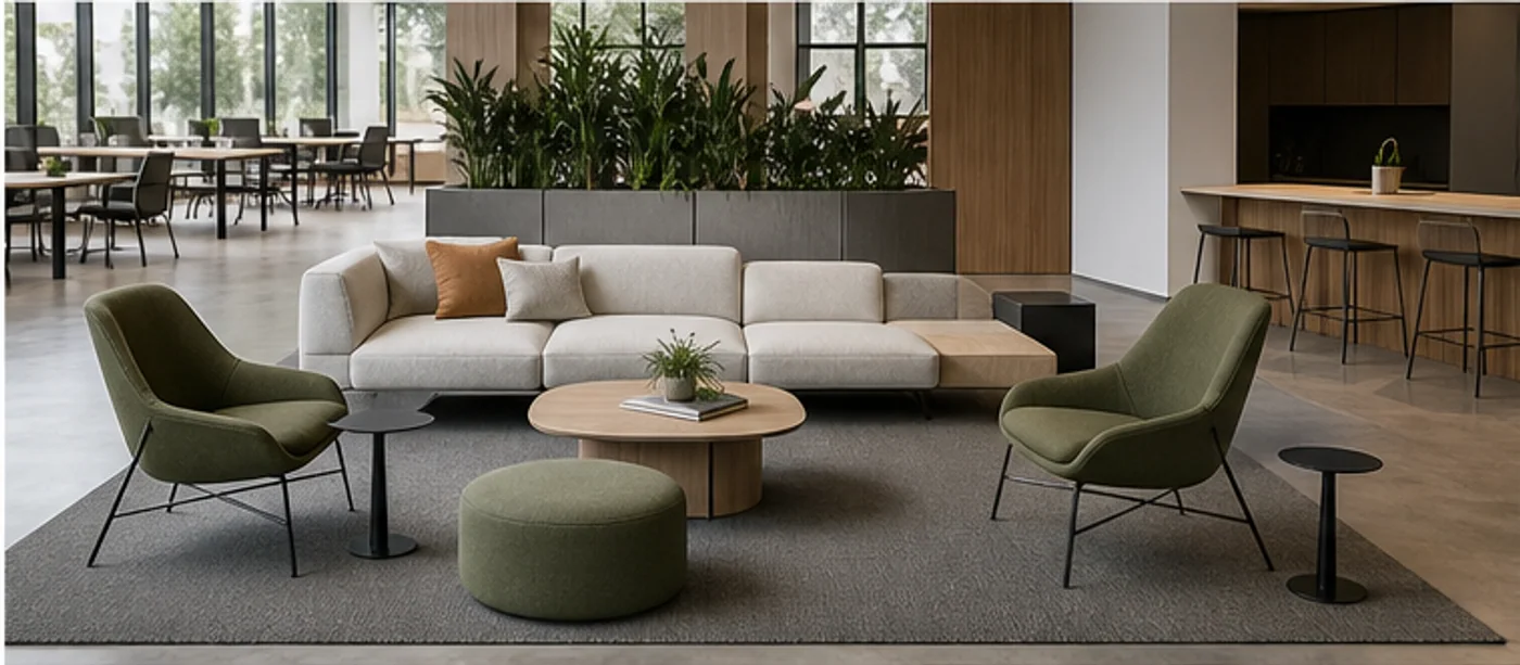 Office breakout seating planning Office breakout area seating in a commercial workspace