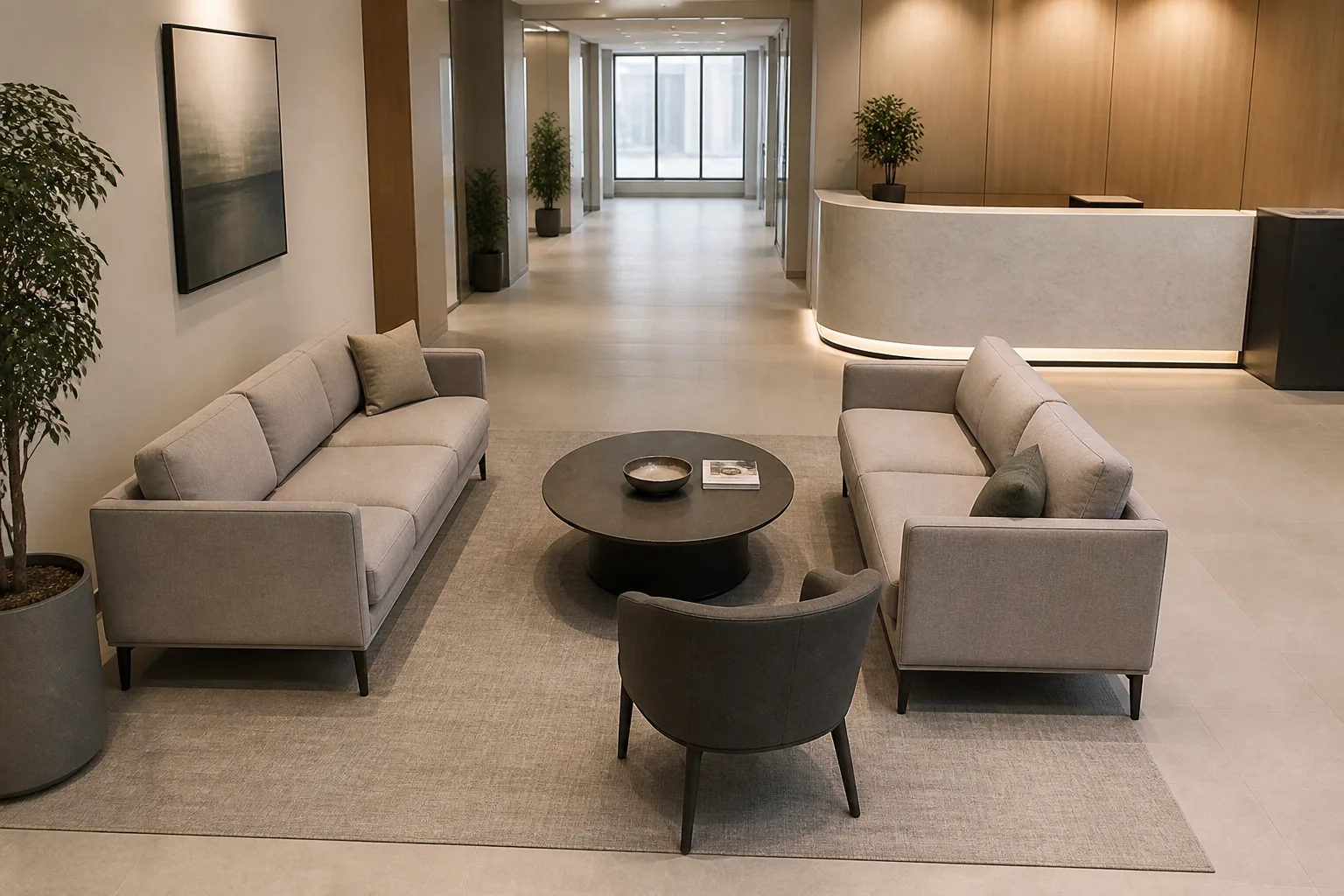 Office reception sofas and coffee table arranged with clear visitor circulation