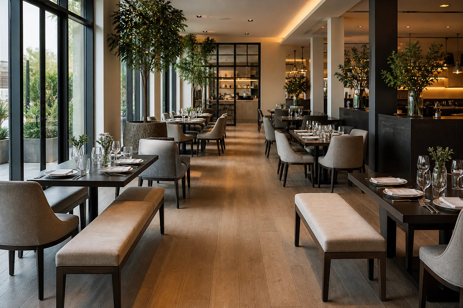 Restaurant mixed seating layout with loose benches and dining chairs
