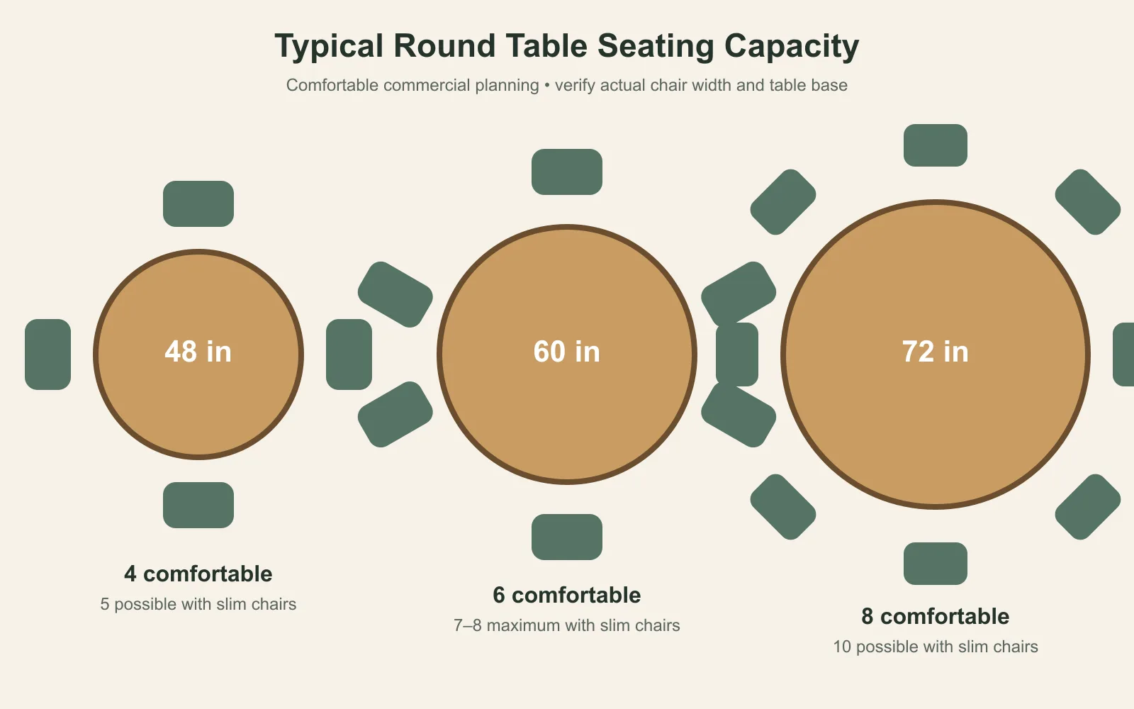 Round table seating capacity diagram for 48 60 and 72 inch tables